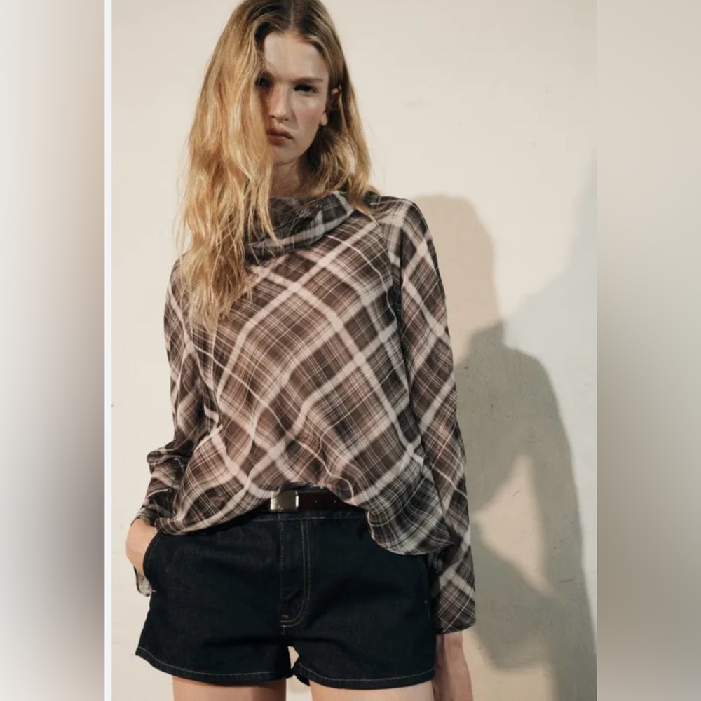 NWT Zara Black and Gray Plaid Cowl Neck Sheer Top